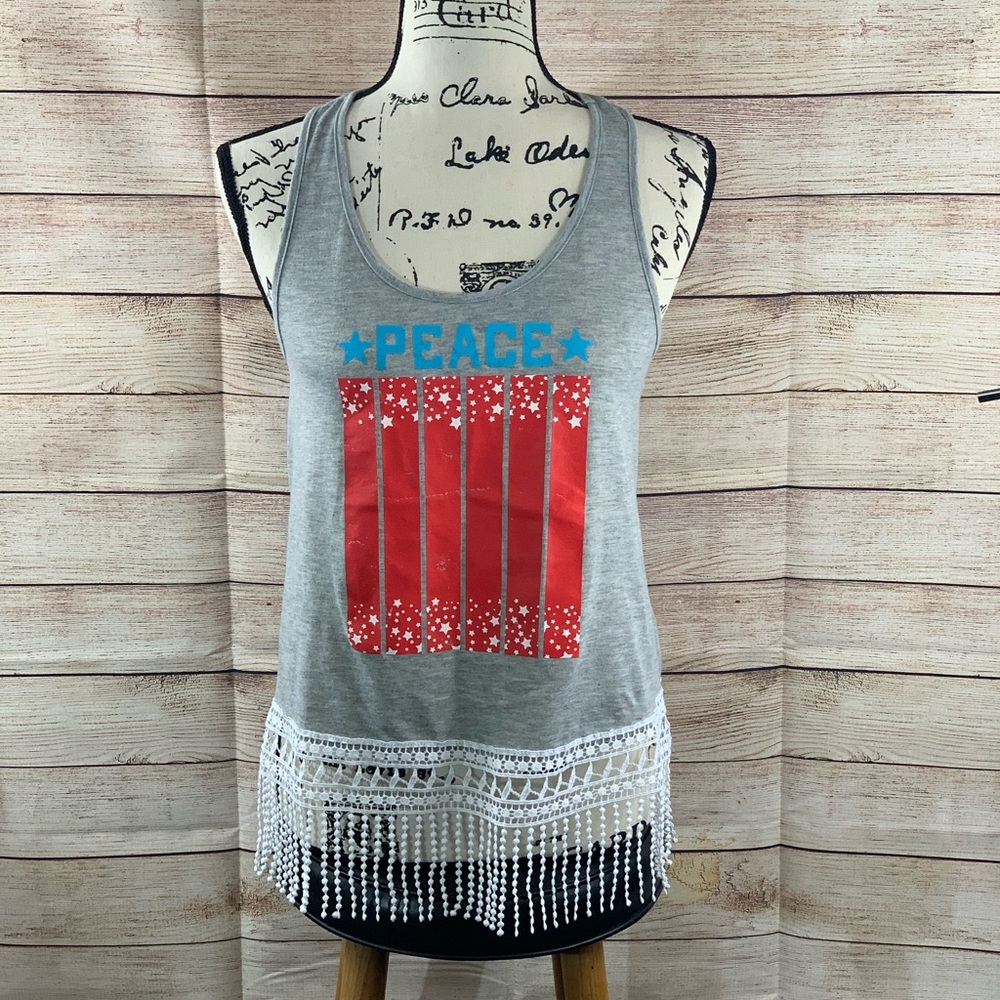 Patriotic  Gray Tank Top Cotton Fringe